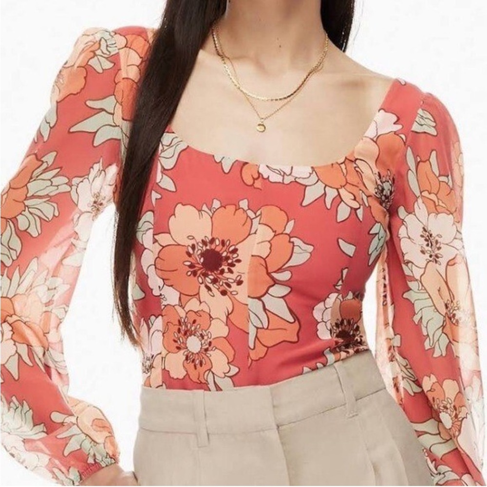 Wilfred Floral Blouse in Pink and Cream Sheer Puff Sleeves Size: XS